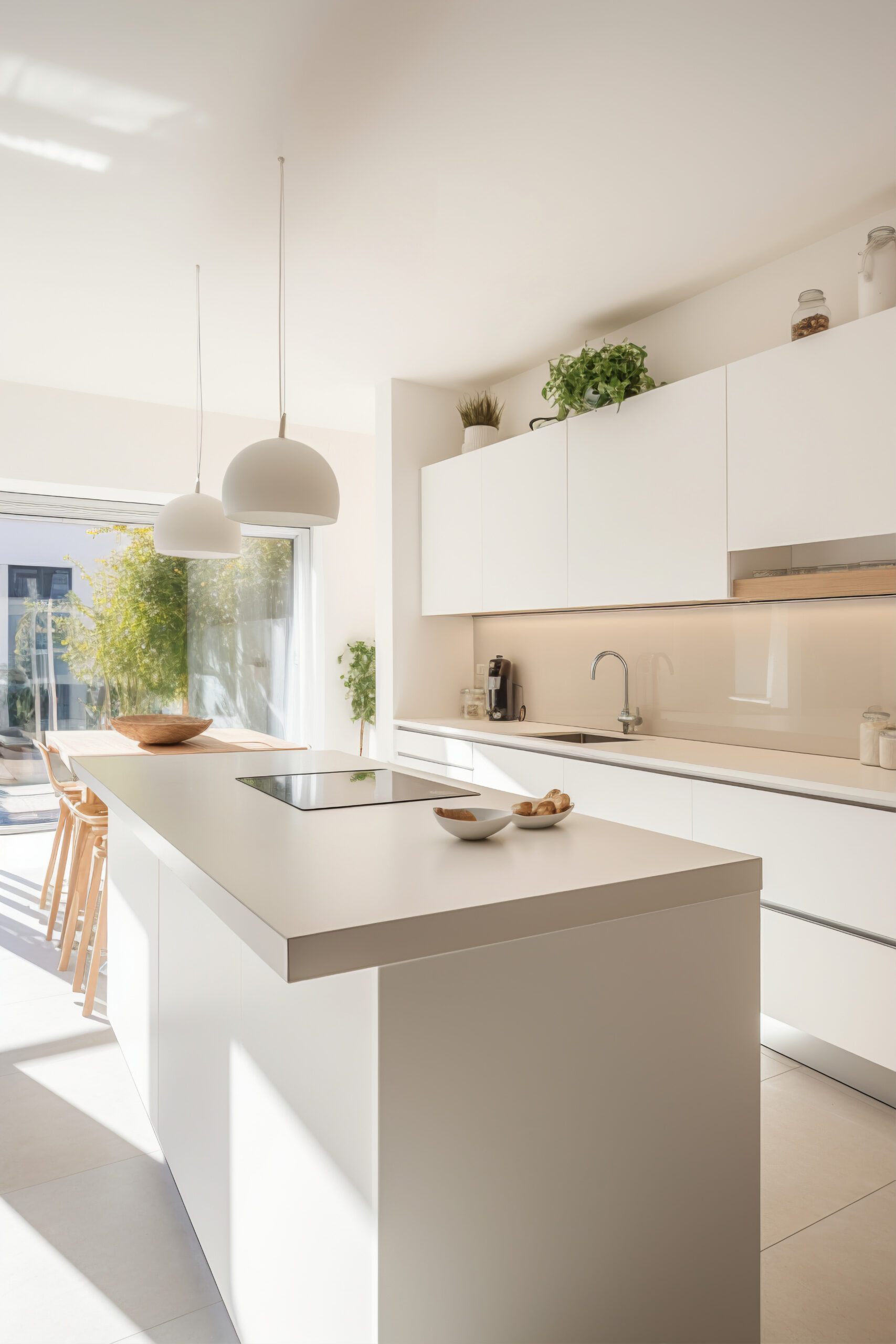 Cuisiniste en train d'aménager une cuisine moderne, installant des éléments de cuisine sur mesure.