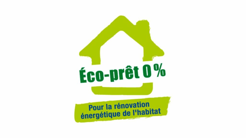 Logo "Éco-prêt 0%" avec une maison stylisée en vert et le texte "Éco-prêt 0%" et "Pour la rénovation énergétique de l'habitat"