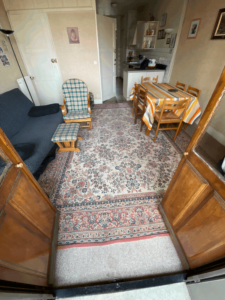 Salon ancien avant rénovation dans un appartement à Thonon, avec tapis, meubles traditionnels et déco vieillissante.