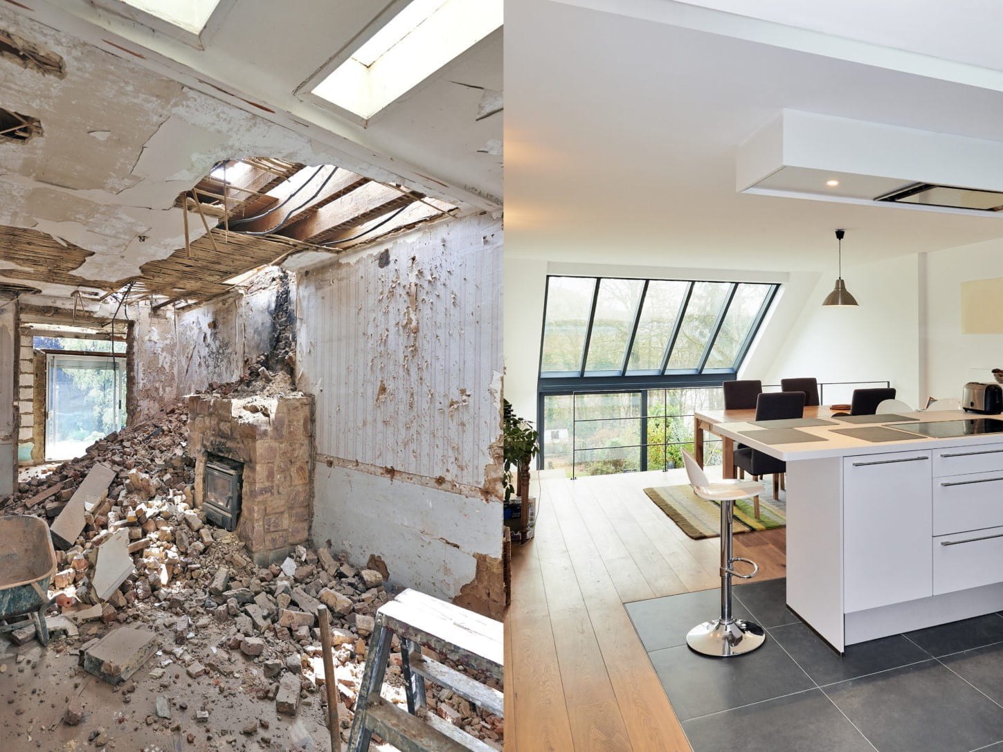 Comparaison avant/après d'une rénovation de maison ancienne : à gauche, une pièce en ruine avec plafond effondré et murs abîmés ; à droite, un intérieur moderne et lumineux avec une cuisine ouverte et une grande baie vitrée.