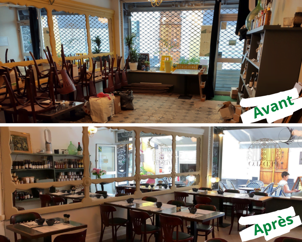 Comparaison avant et après rénovation de la salle d’une crêperie à Évian
