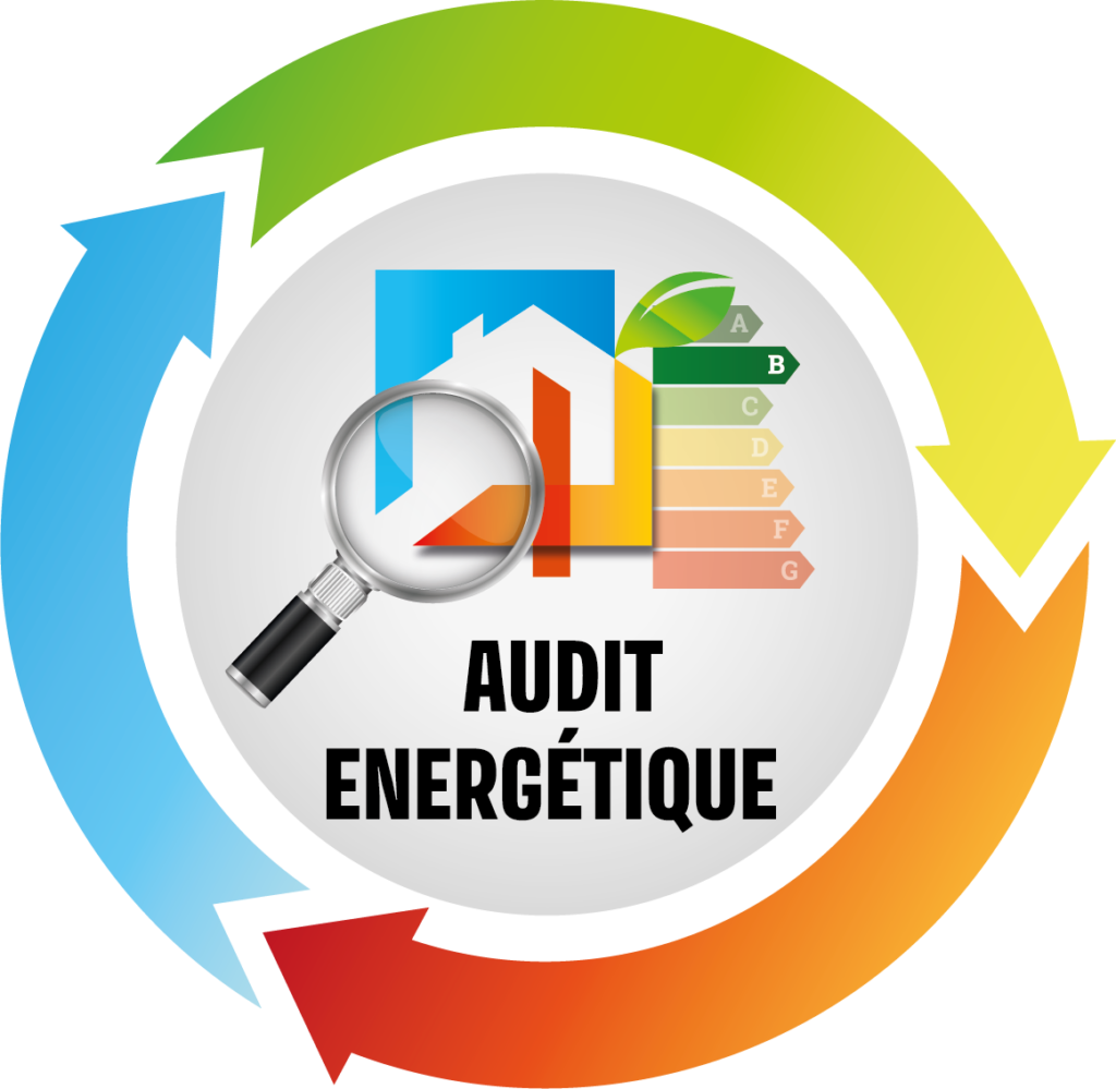 Illustration représentant un audit énergétique avec une maison, une loupe et une étiquette DPE en couleurs
