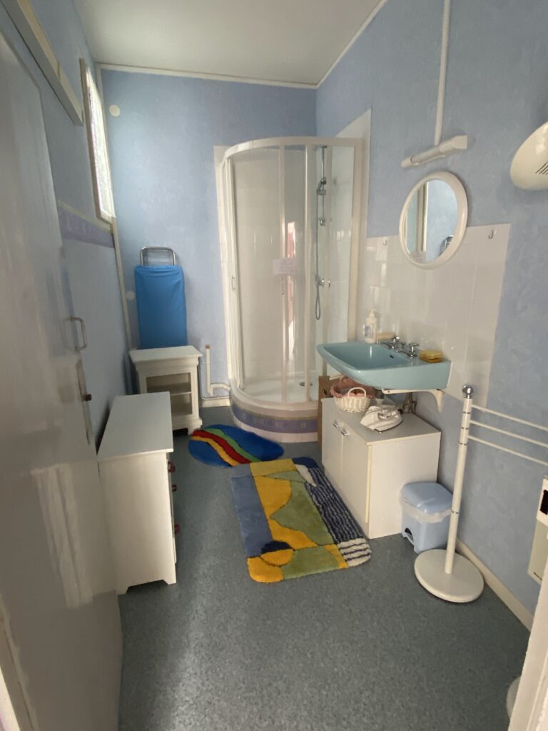 Lavabo bleu sur meuble blanc dans une salle de bain rénovée à Évian avec parquet et murs blancs