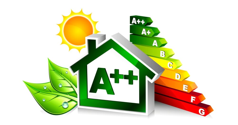 Maison avec note A++ en performance énergétique, soleil et feuilles vertes en fond