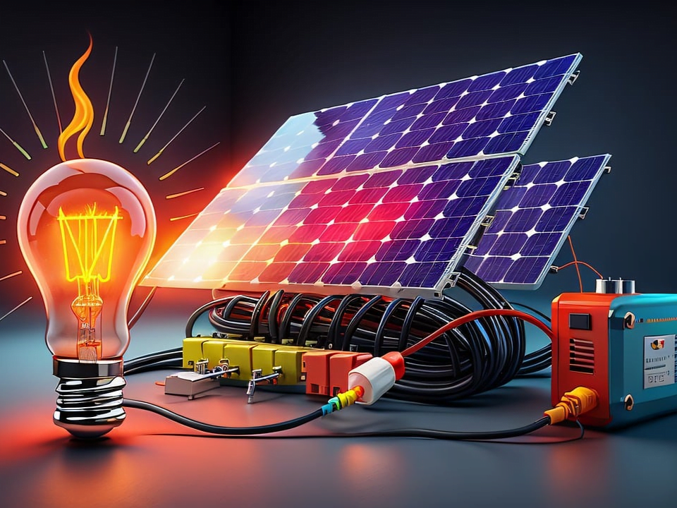 Schéma illustrant la production d'électricité grâce aux panneaux solaires et son lien avec la consommation énergétique