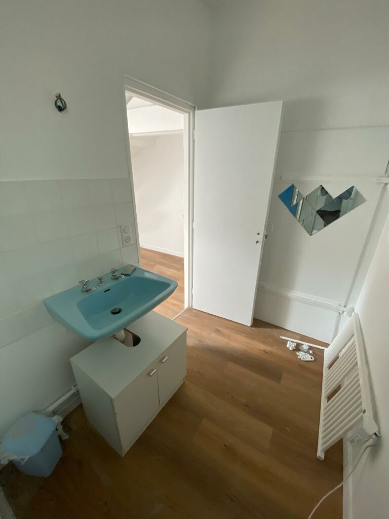 Salle de bain moderne avec douche vitrée, WC suspendu et chauffe-eau dans un studio rénové à Évian