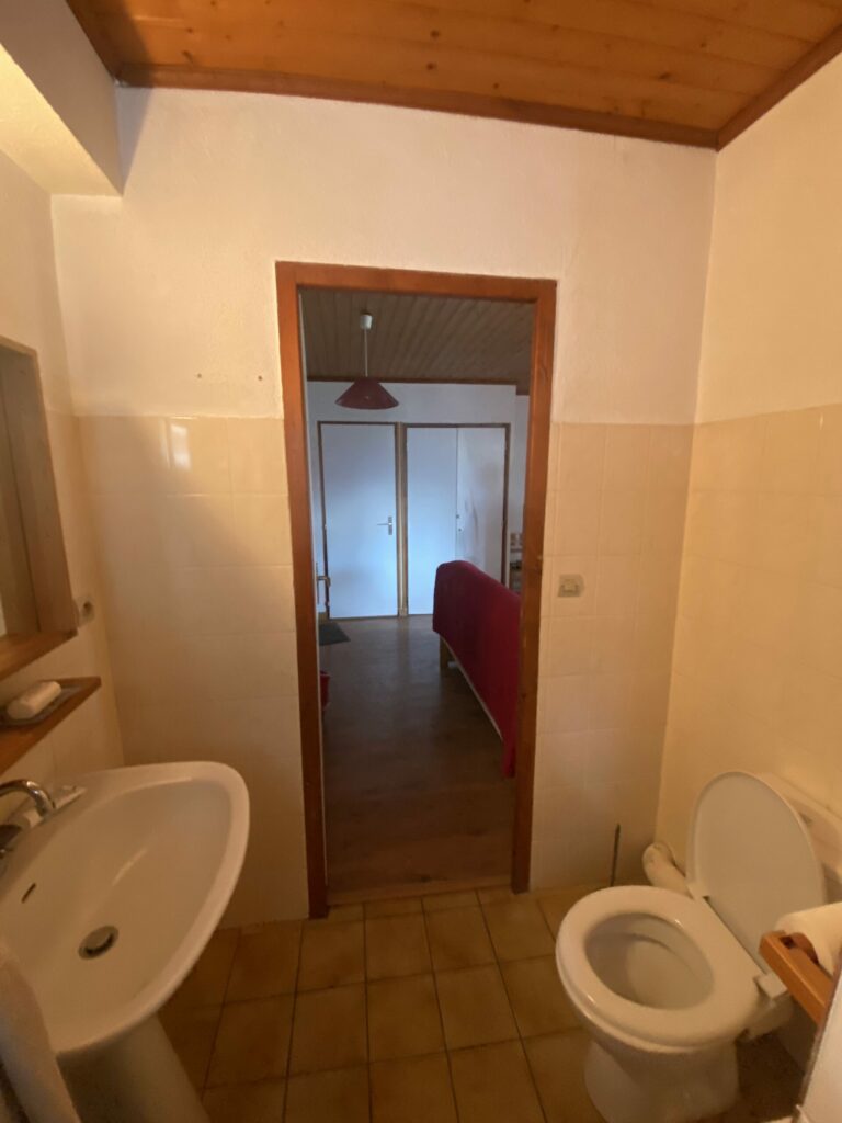 Vue d’ensemble d’une salle de bain ancienne avec WC et lavabo sur pied