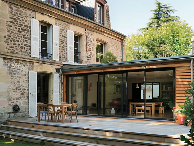 Extension maison Evian en bois naturel avec terrasse moderne.