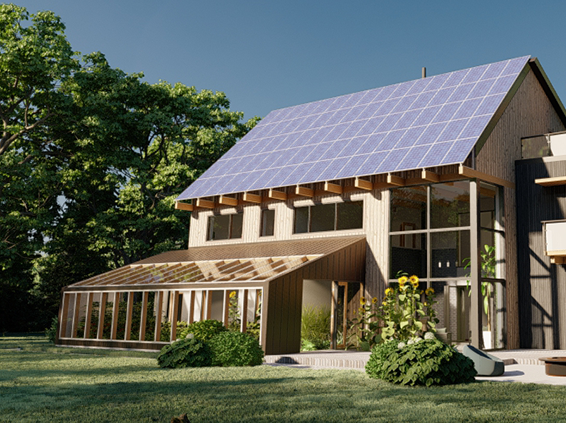 Maison passive à Evian avec panneaux solaires et grande verrière, intégrée dans un environnement naturel.