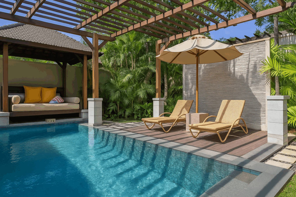 Pergola en bois avec salon extérieur et transats au bord d’une piscine à Évian-les-Bains