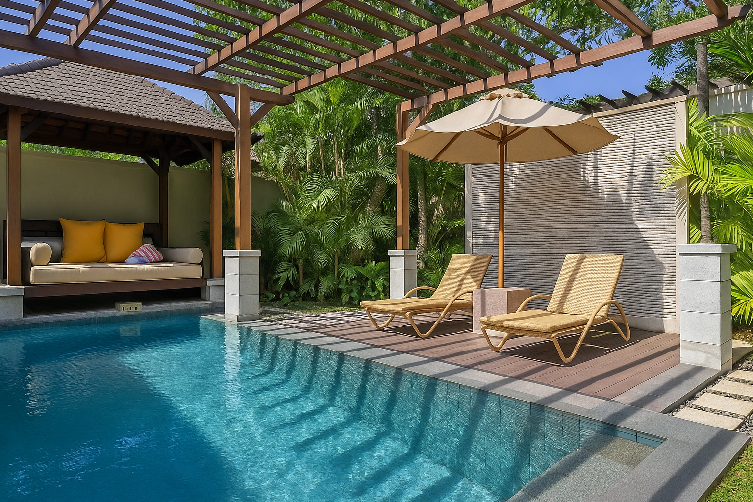 Pergola en bois avec salon extérieur et transats au bord d’une piscine à Évian-les-Bains