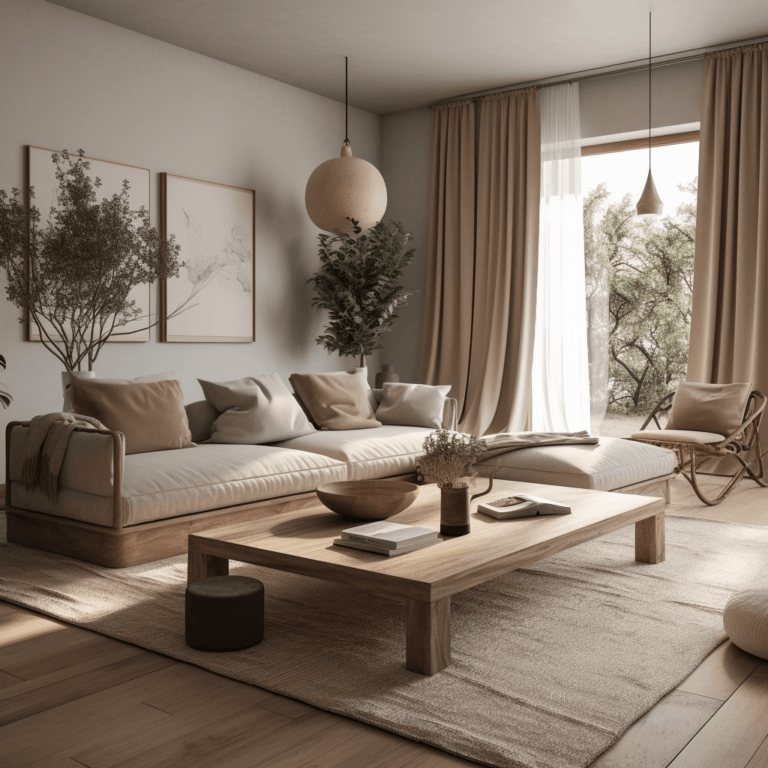 Salon au style scandinave avec tons beige et bois clair tendance rénovation maison 2025