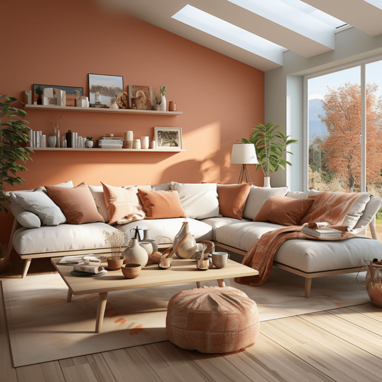 Salon contemporain avec mur terracotta et décoration chaleureuse