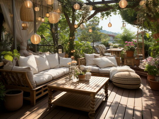 Terrasse bohème avec mobilier en bois et lanternes tendance rénovation maison 2025