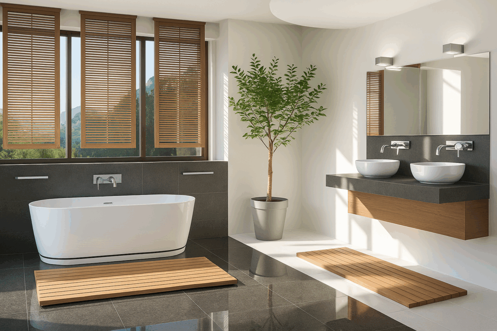 Salle de bain moderne avec baignoire îlot, double vasque et matériaux naturels tendance rénovation salle de bain 2025 à Évian-les-Bains