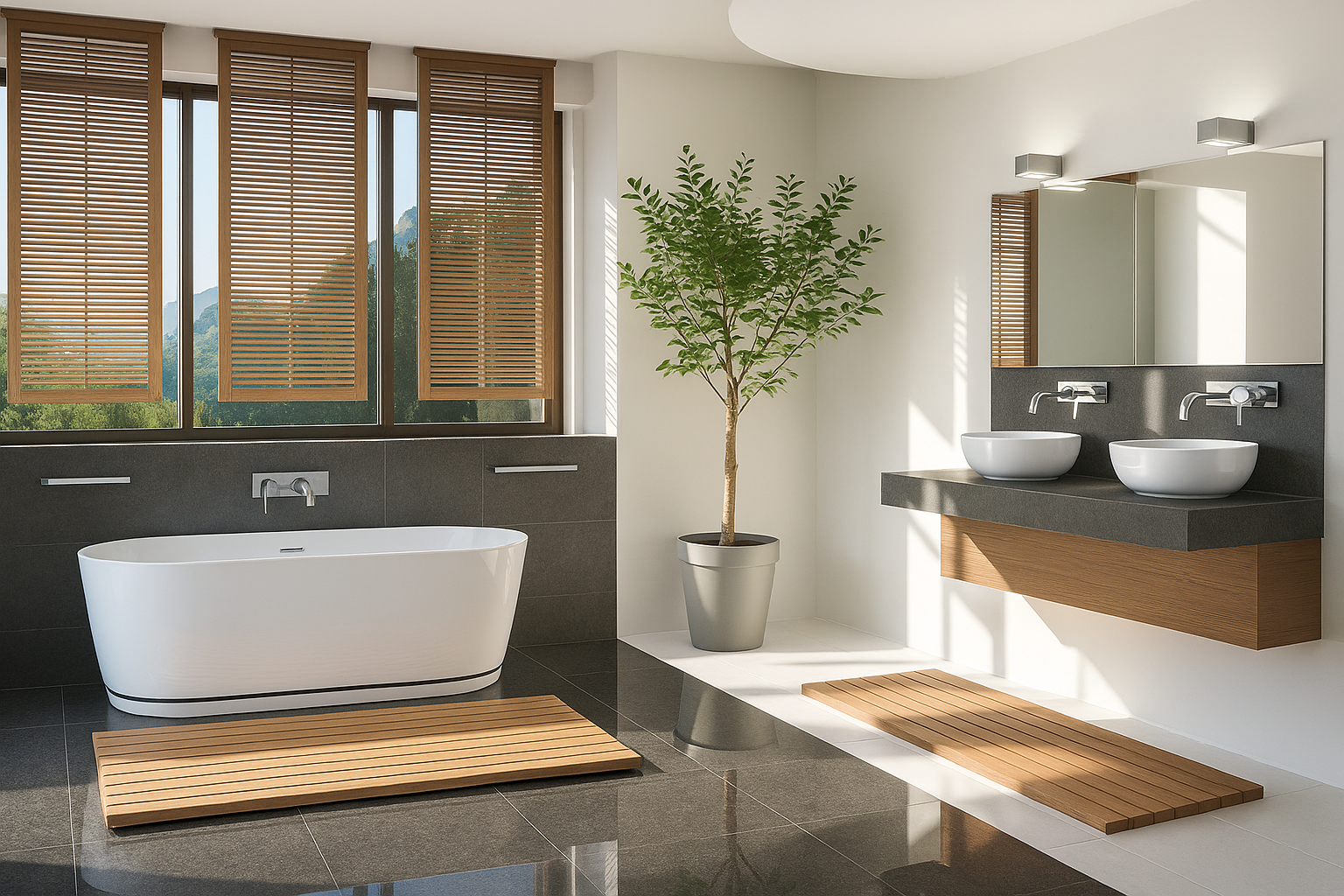 Salle de bain moderne avec baignoire îlot, double vasque et matériaux naturels tendance rénovation salle de bain 2025 à Évian-les-Bains