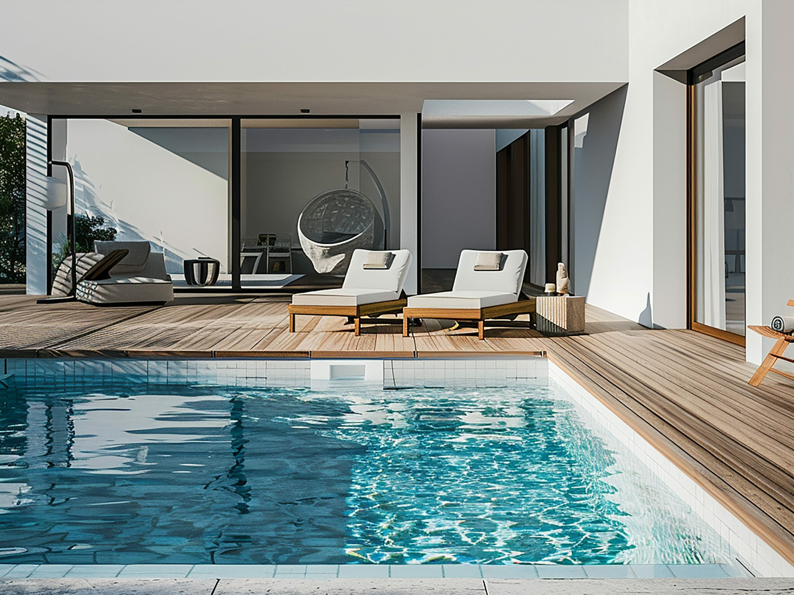 Villa moderne avec piscine, terrasse en bois et transats, baies vitrées et design épuré sous un ciel dégagé.