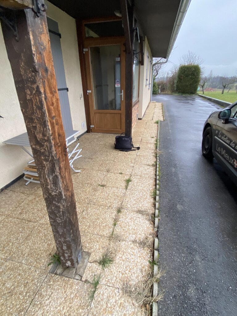 Ancien revêtement carrelé avec mauvaises herbes sur l’allée de la maison.