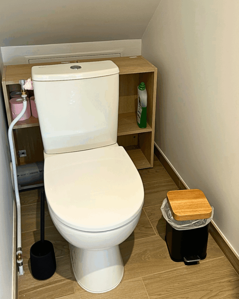 Toilettes installées dans une pièce rénovée avec carrelage imitation bois et meuble de rangement intégré.